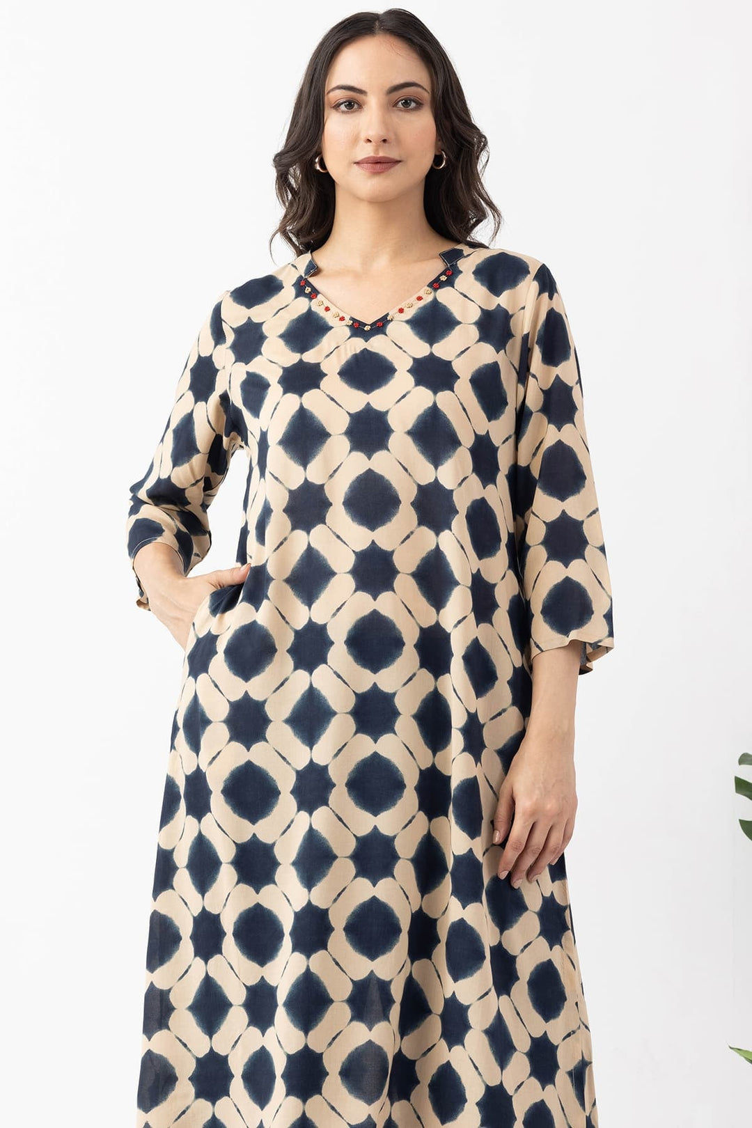 Black &amp; Beige Modal Printed Kurti with V Neck &amp; 3/4 Sleeves