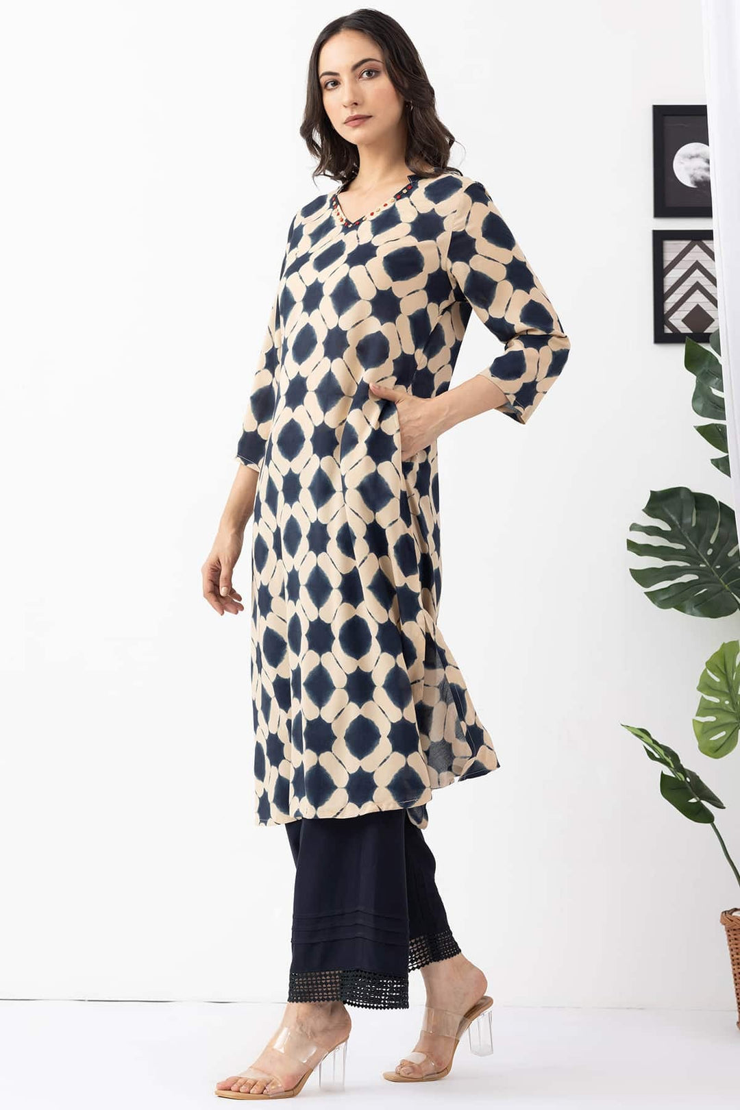 Black &amp; Beige Modal Printed Kurti with V Neck &amp; 3/4 Sleeves
