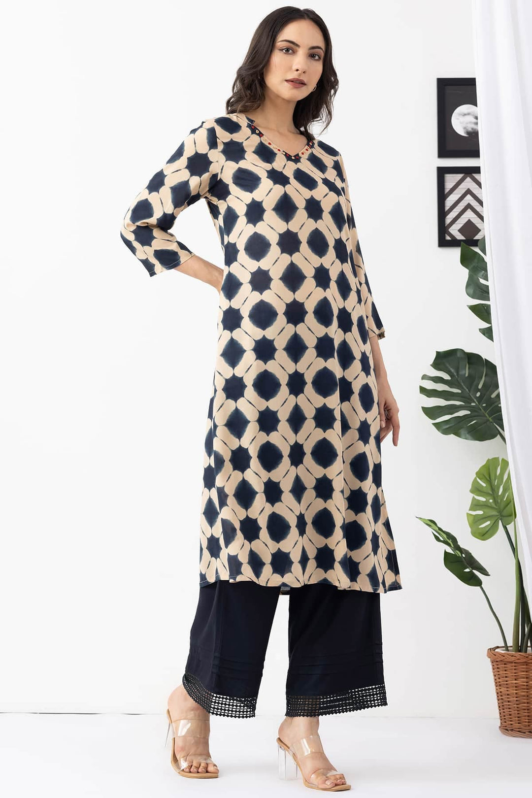 Black &amp; Beige Modal Printed Kurti with V Neck &amp; 3/4 Sleeves