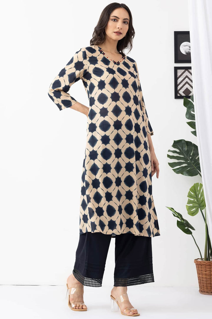 Black &amp; Beige Modal Printed Kurti with V Neck &amp; 3/4 Sleeves