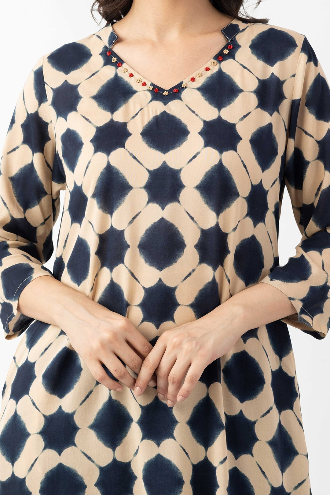 Black &amp; Beige Modal Printed Kurti with V Neck &amp; 3/4 Sleeves
