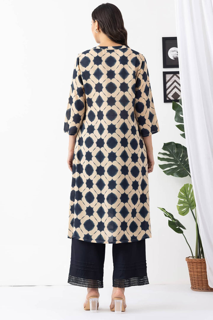 Black &amp; Beige Modal Printed Kurti with V Neck &amp; 3/4 Sleeves