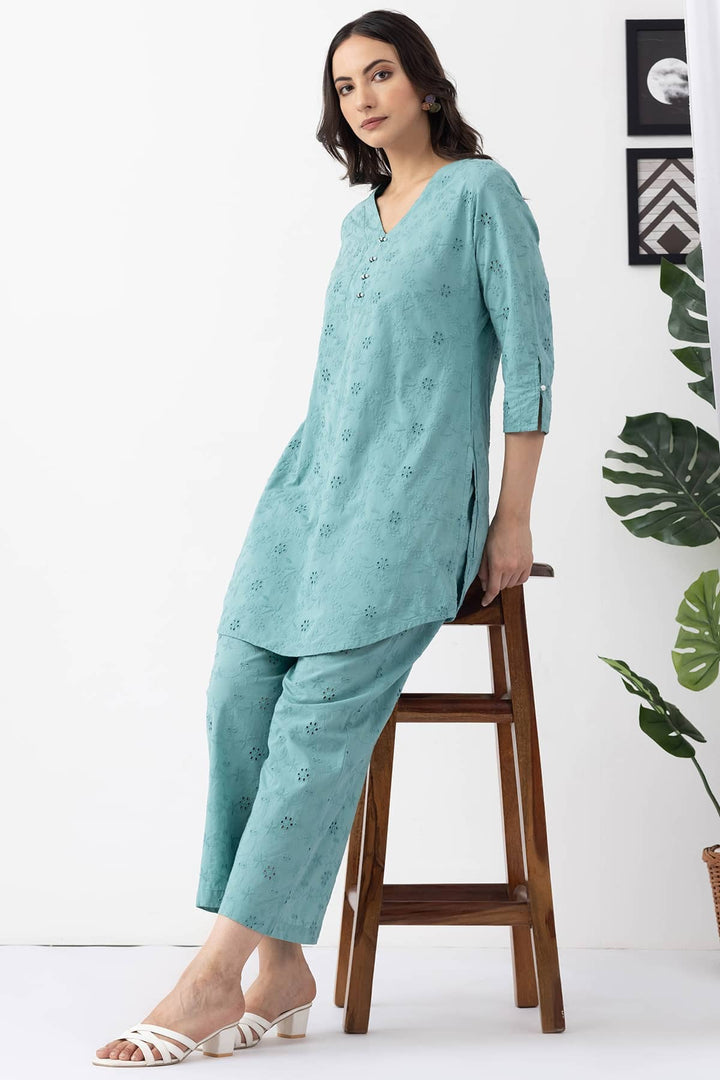 v neck kurta set for women sage green cotton schiffli embroidered 3/4 sleeves