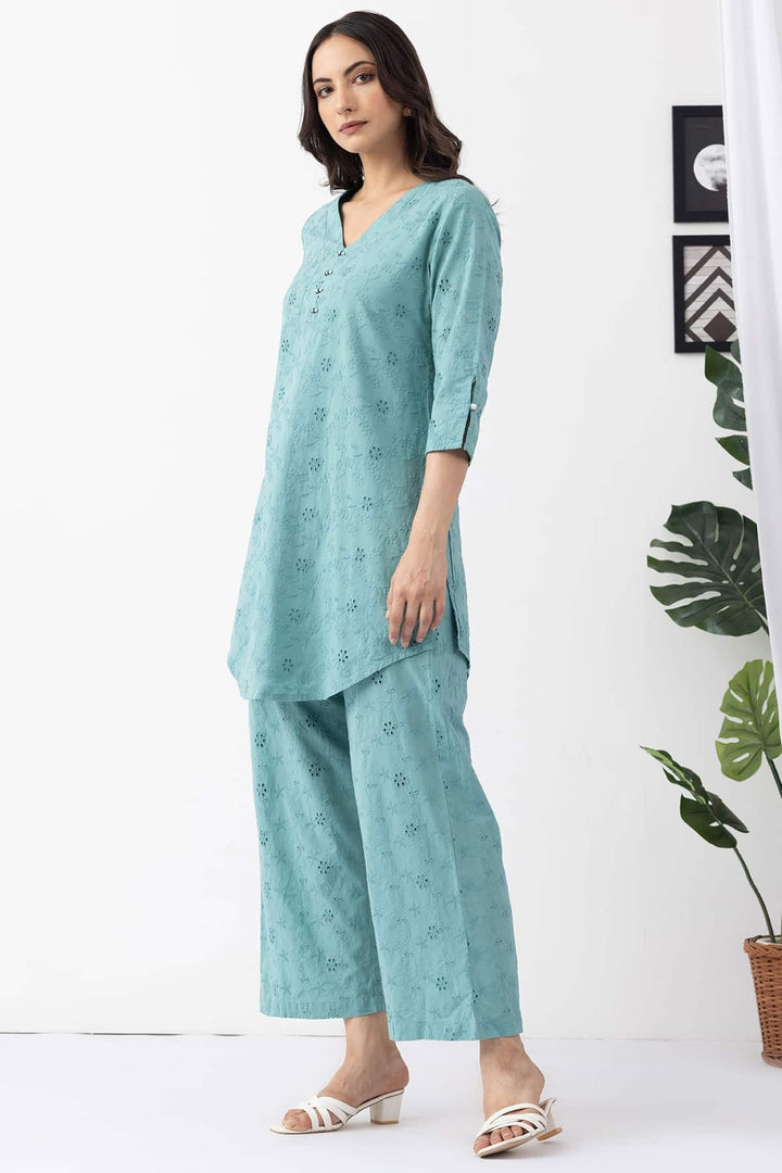 v neck kurta set for women sage green cotton schiffli embroidered 3/4 sleeves