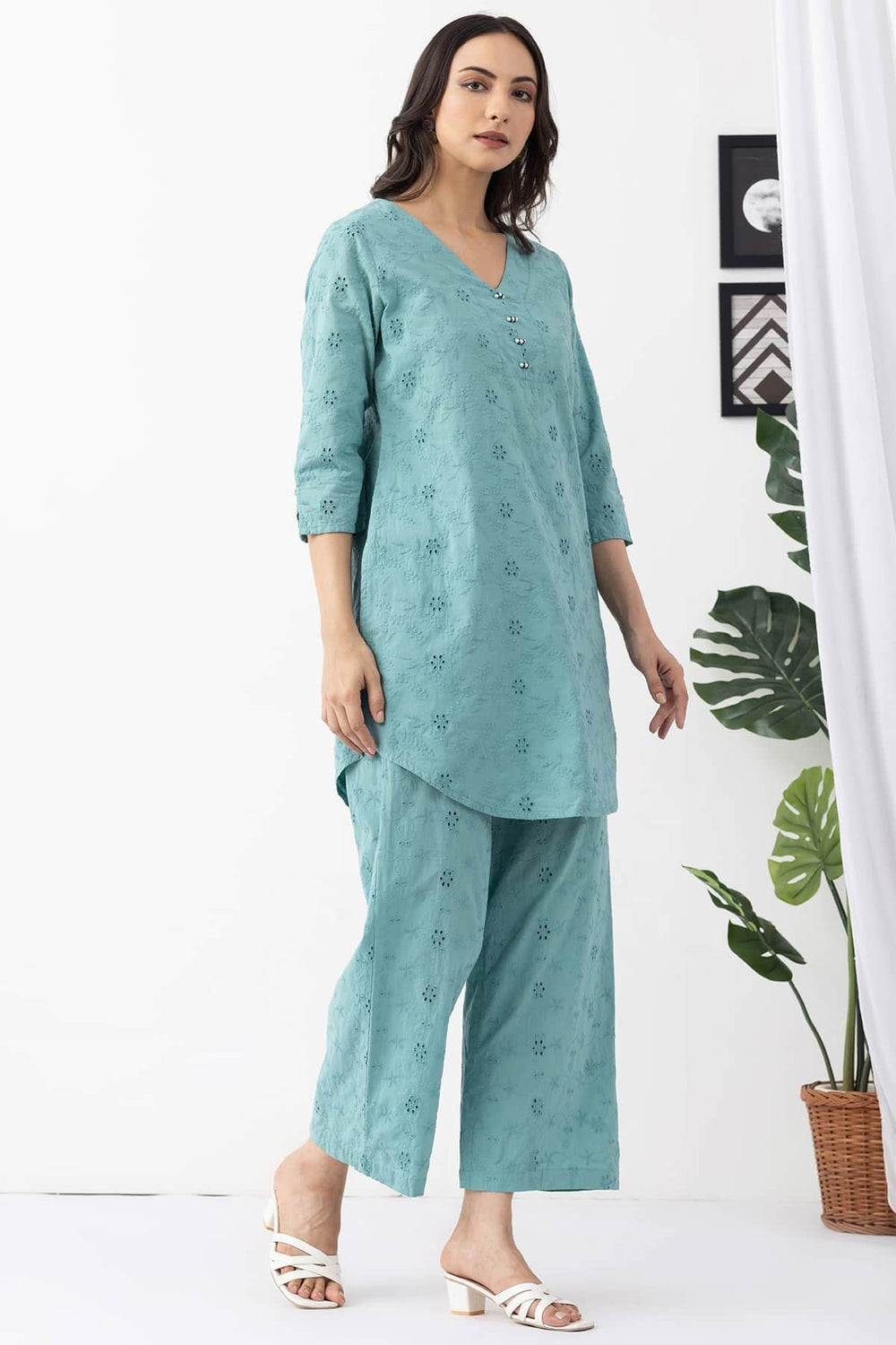 v neck kurta set for women sage green cotton schiffli embroidered 3/4 sleeves