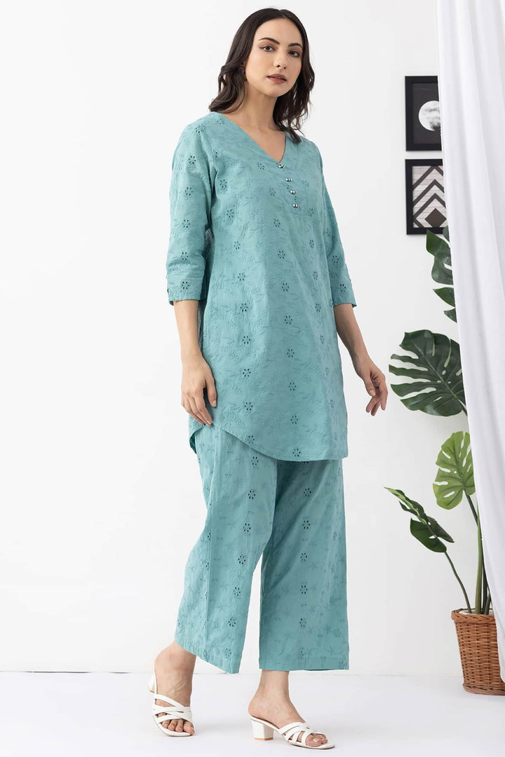 v neck kurta set for women sage green cotton schiffli embroidered 3/4 sleeves