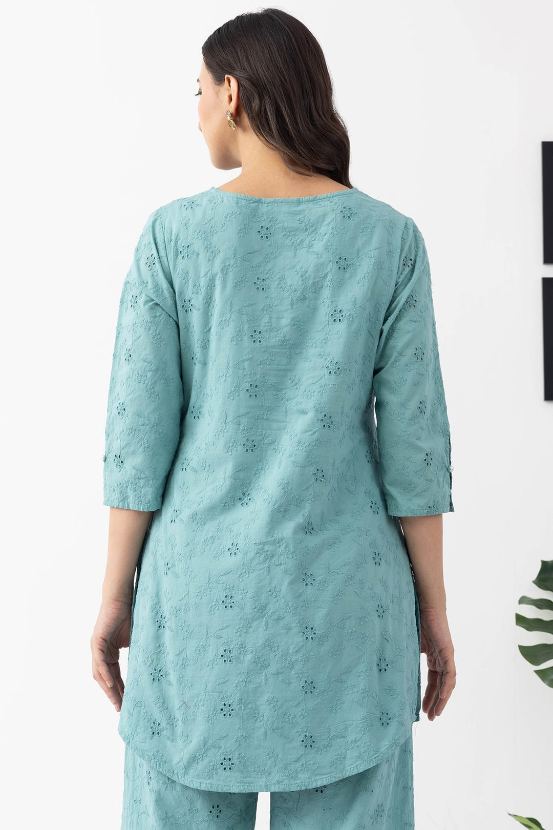 v neck kurta set for women sage green cotton schiffli embroidered 3/4 sleeves