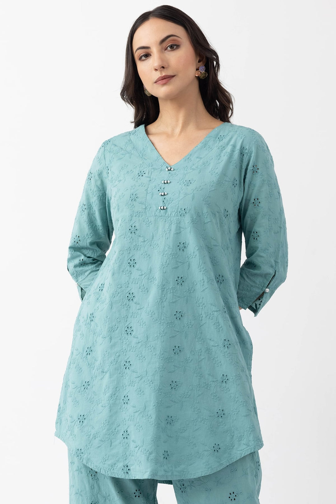 v neck kurta set for women sage green cotton schiffli embroidered 3/4 sleeves