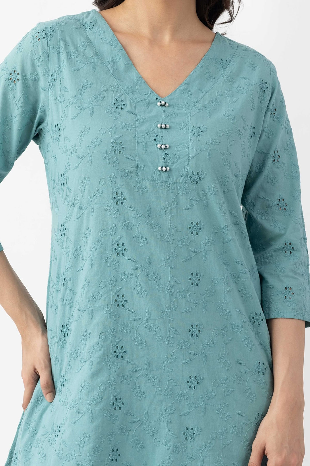 v neck kurta set for women sage green cotton schiffli embroidered 3/4 sleeves