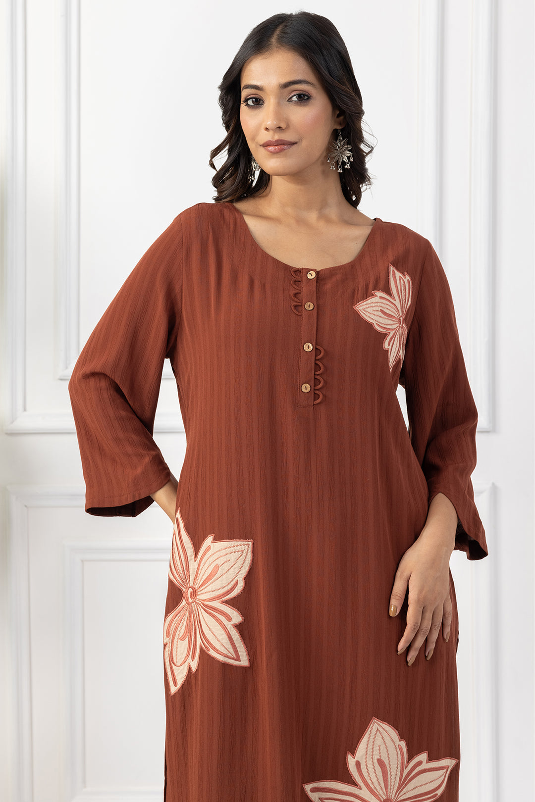 Rust Embroidered Viscose Dobby Kurta