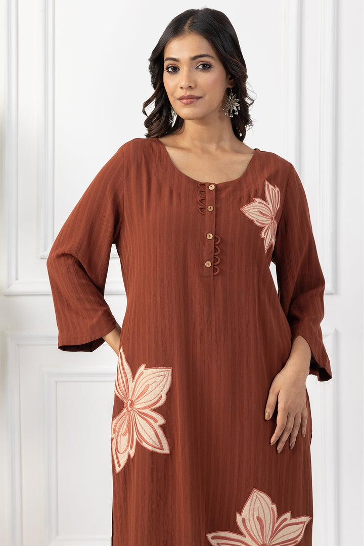 Rust Embroidered Viscose Dobby Kurta