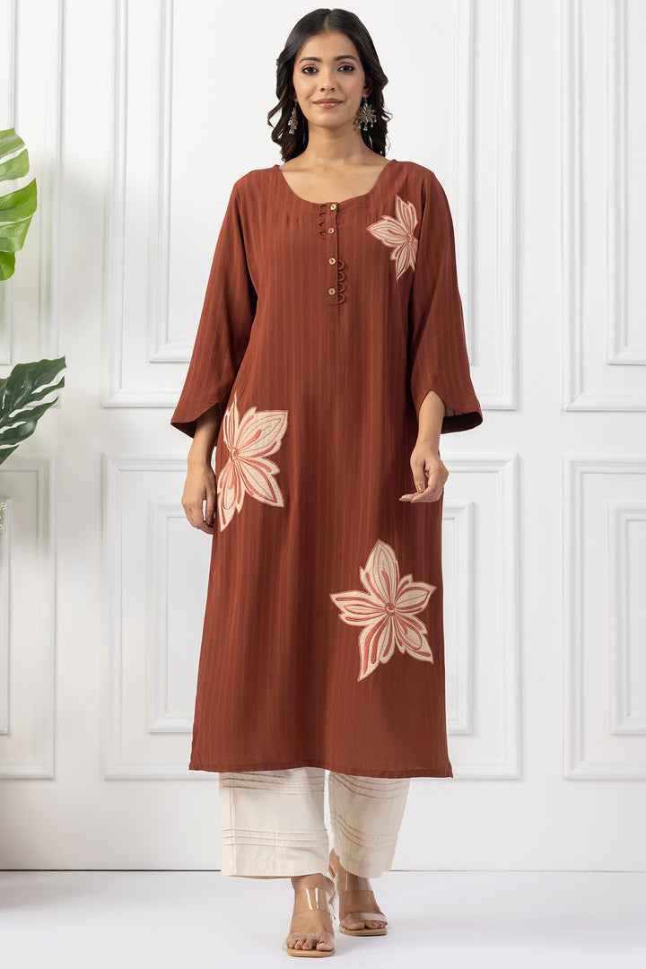 Rust Embroidered Viscose Dobby Kurta