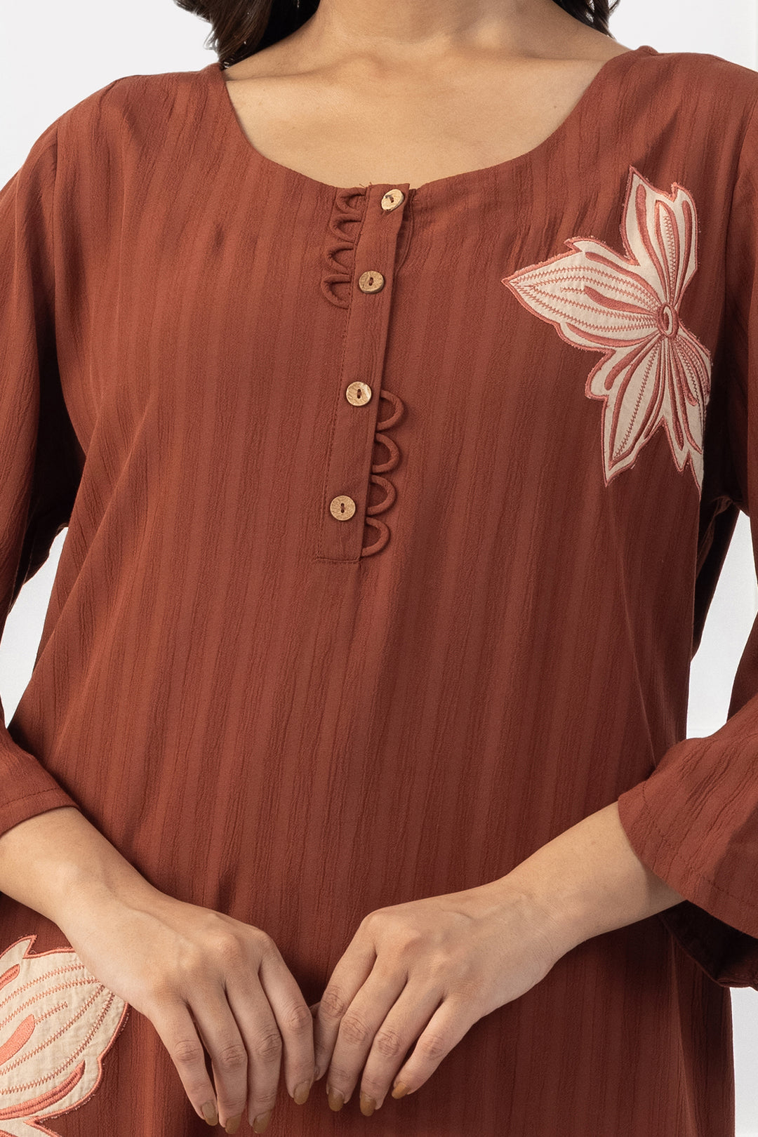 Rust Embroidered Viscose Dobby Kurta
