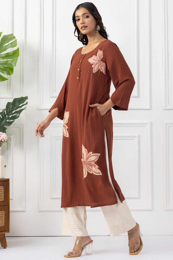 Rust Embroidered Viscose Dobby Kurta