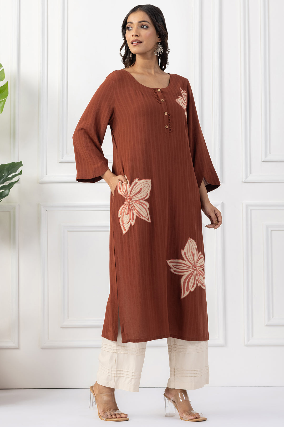 Rust Embroidered Viscose Dobby Kurta