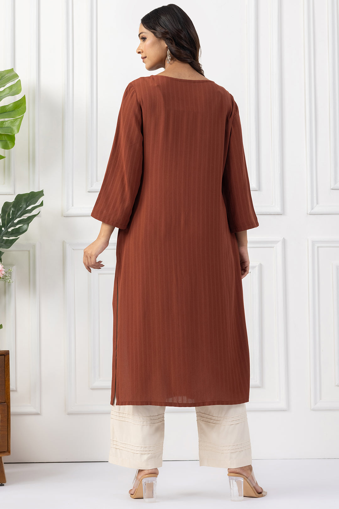 Rust Embroidered Viscose Dobby Kurta