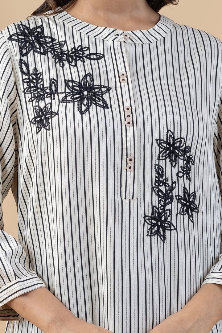 Beige &amp; Black Embroidered Viscose Modal Kurta