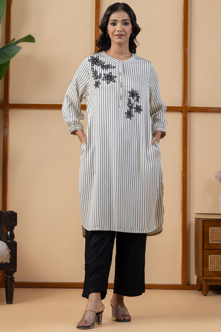 Beige &amp; Black Embroidered Viscose Modal Kurta