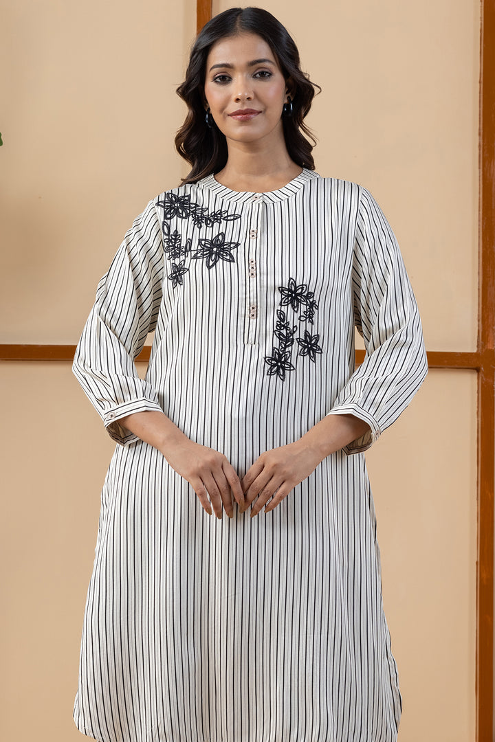Beige &amp; Black Embroidered Viscose Modal Kurta