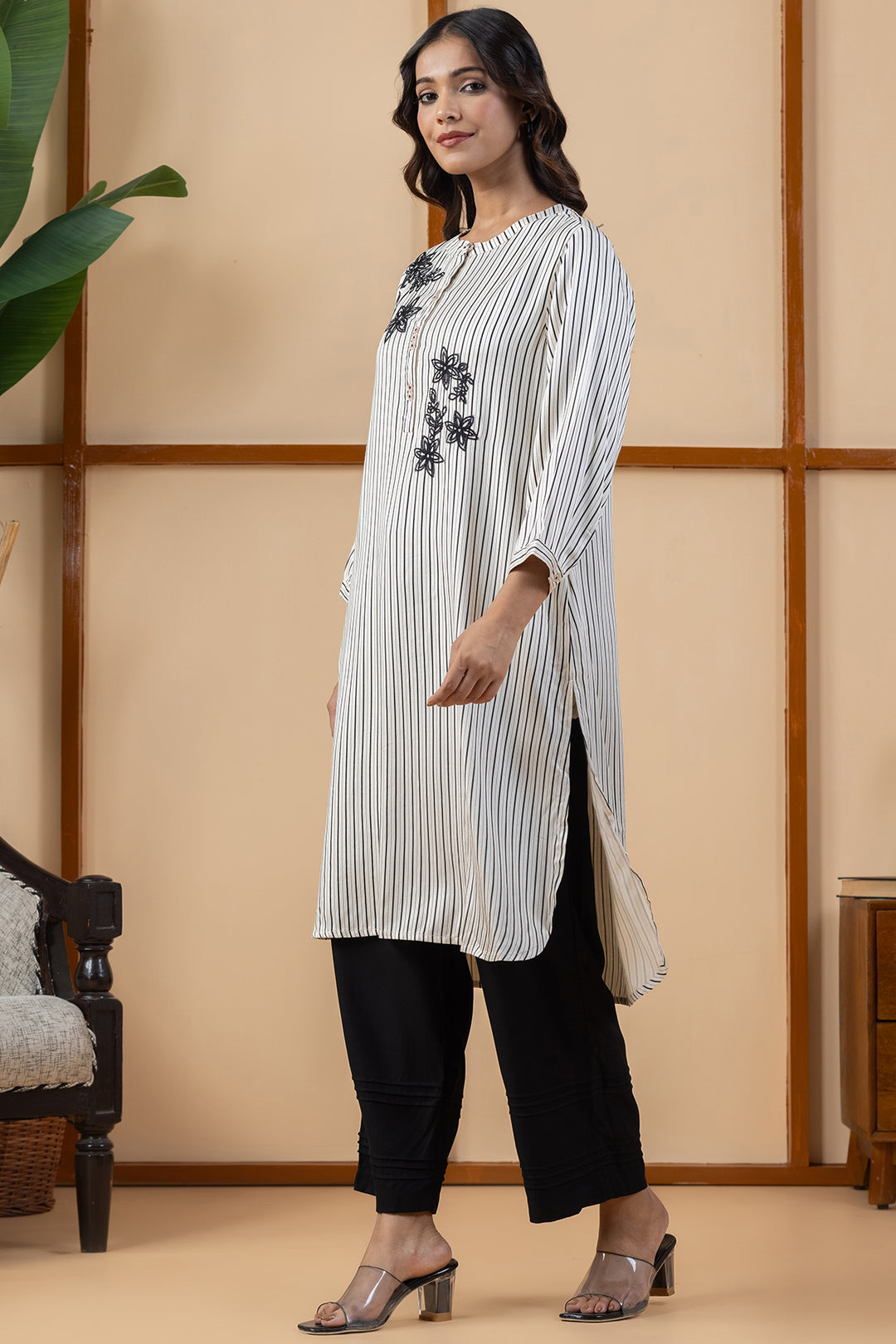 Beige &amp; Black Embroidered Viscose Modal Kurta