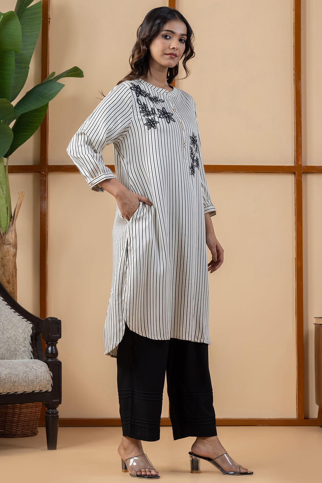 Beige &amp; Black Embroidered Viscose Modal Kurta