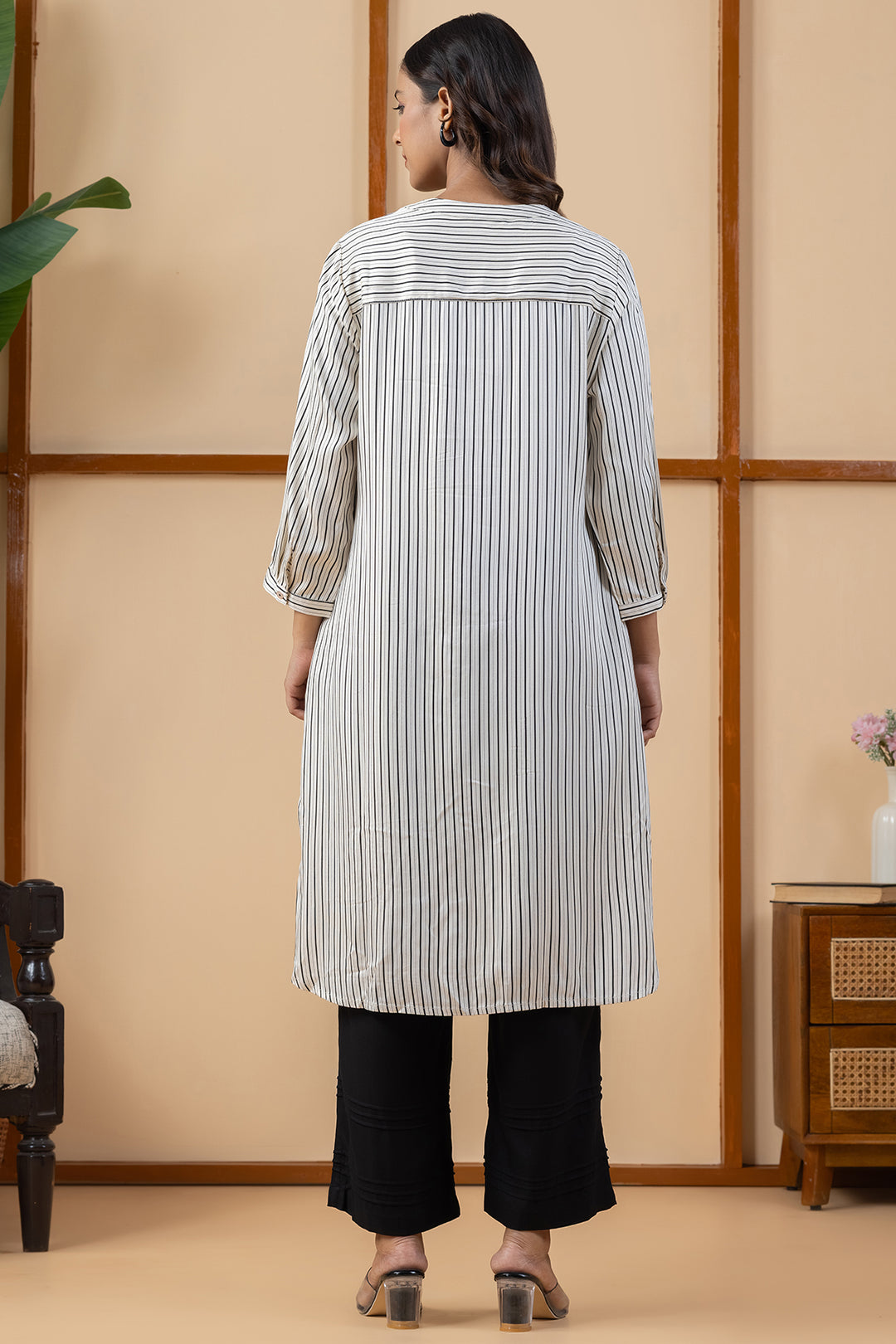 Beige &amp; Black Embroidered Viscose Modal Kurta