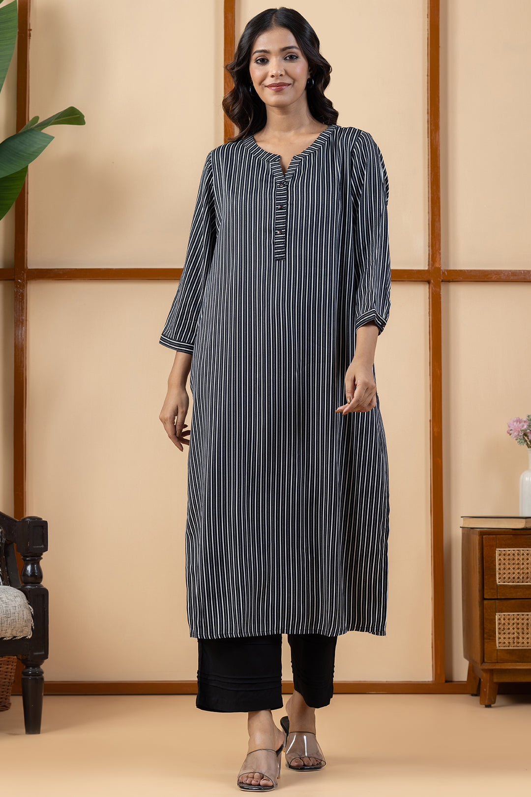 Black &amp; White Stripes Viscose Modal Kurta