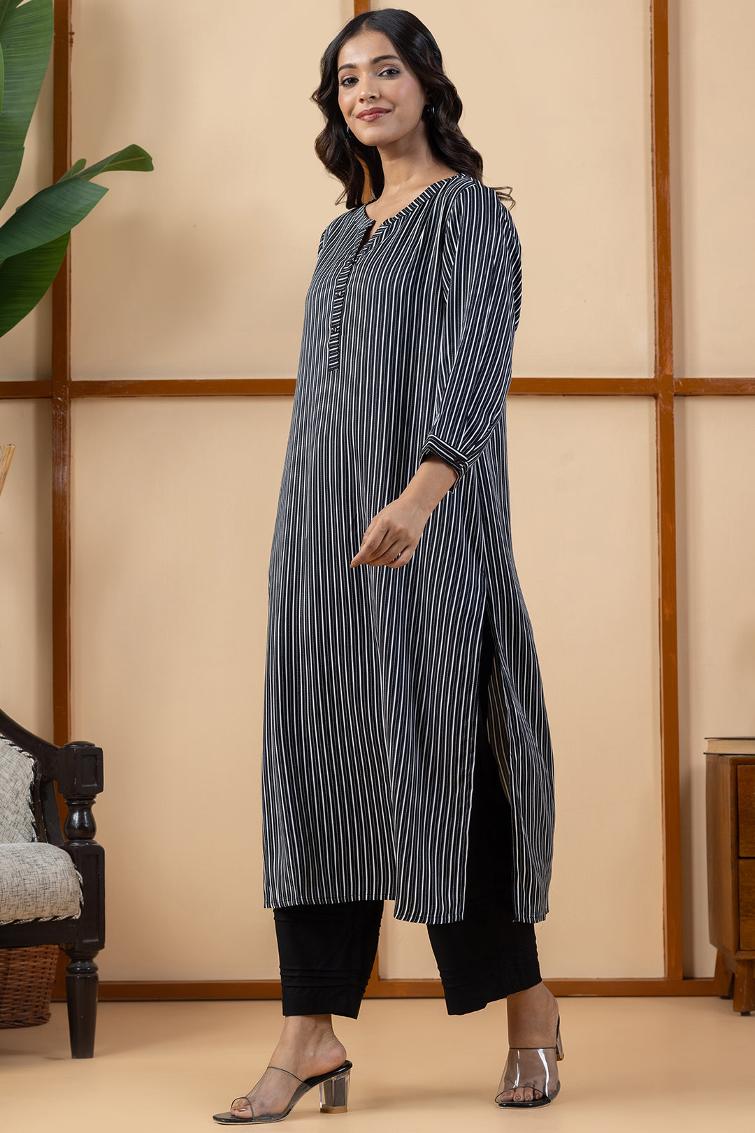Black &amp; White Stripes Viscose Modal Kurta