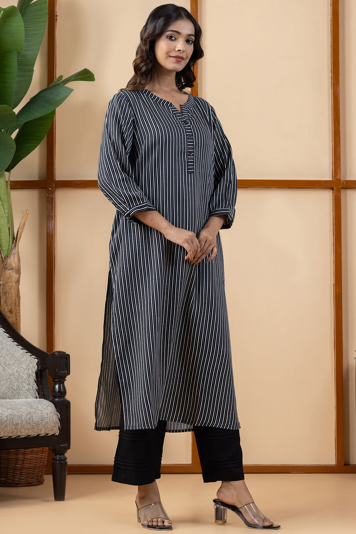 Black &amp; White Stripes Viscose Modal Kurta