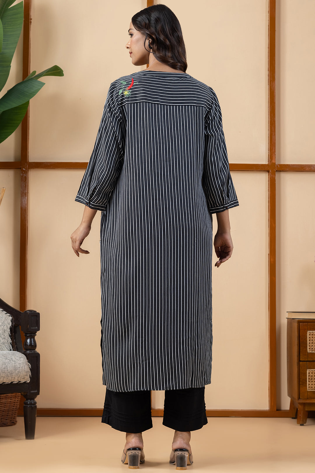 Black &amp; White Stripes Viscose Modal Kurta