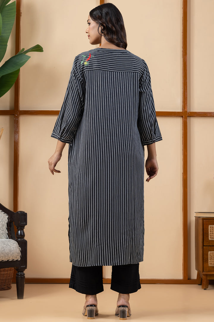 Black &amp; White Stripes Viscose Modal Kurta