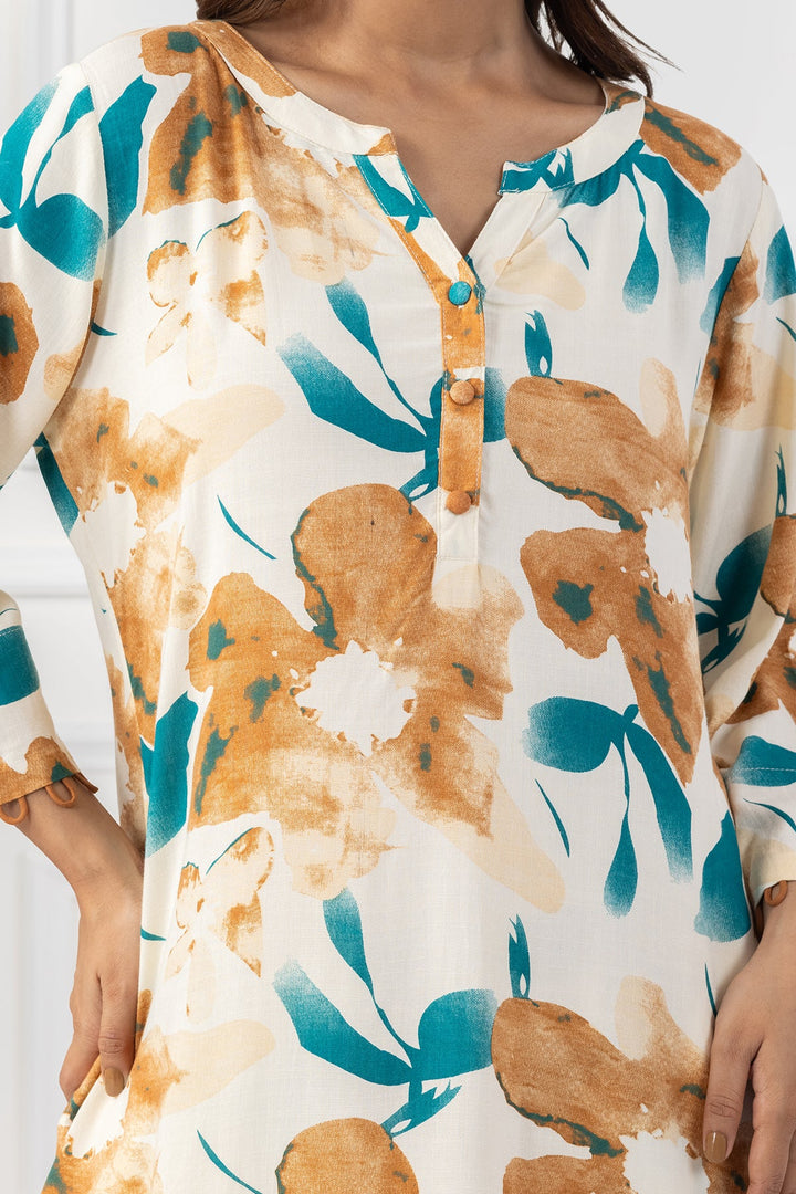 Beige Printed Rayon Slub Kurta Set