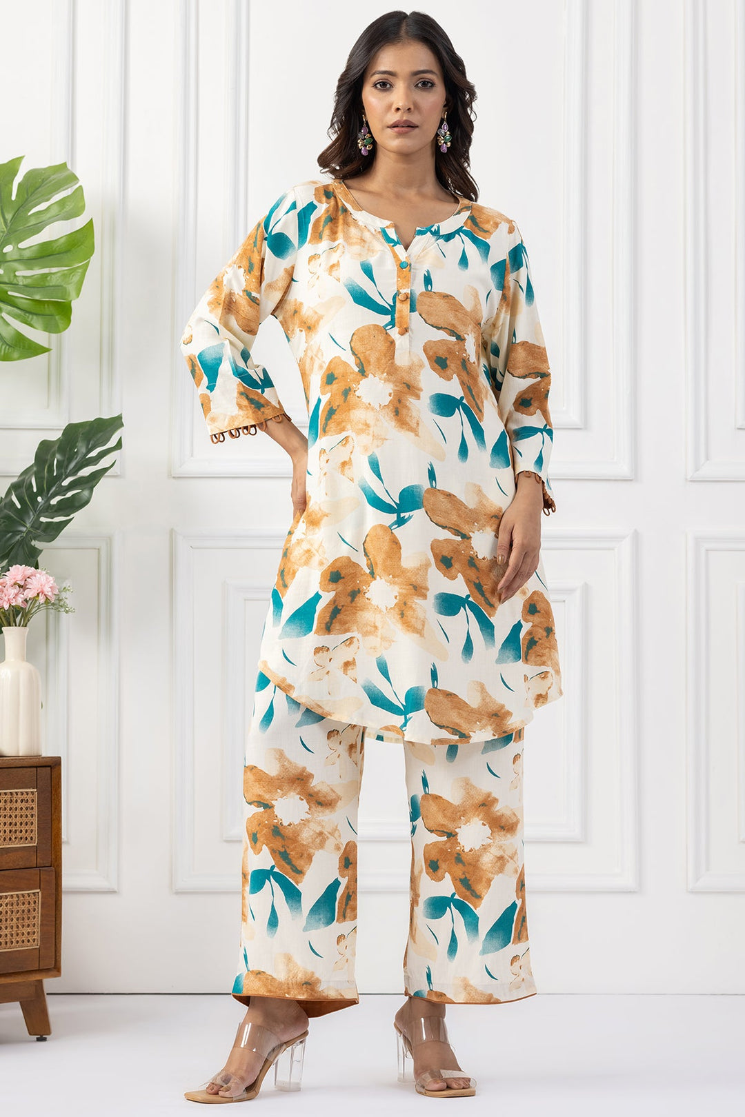 Beige Printed Rayon Slub Kurta Set