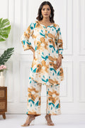 Beige Printed Rayon Slub Kurta Set