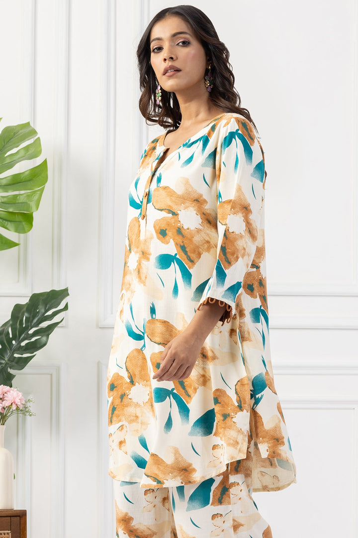 Beige Printed Rayon Slub Kurta Set