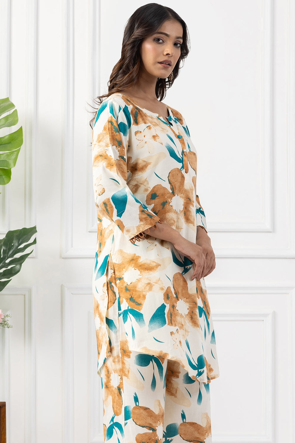 Beige Printed Rayon Slub Kurta Set