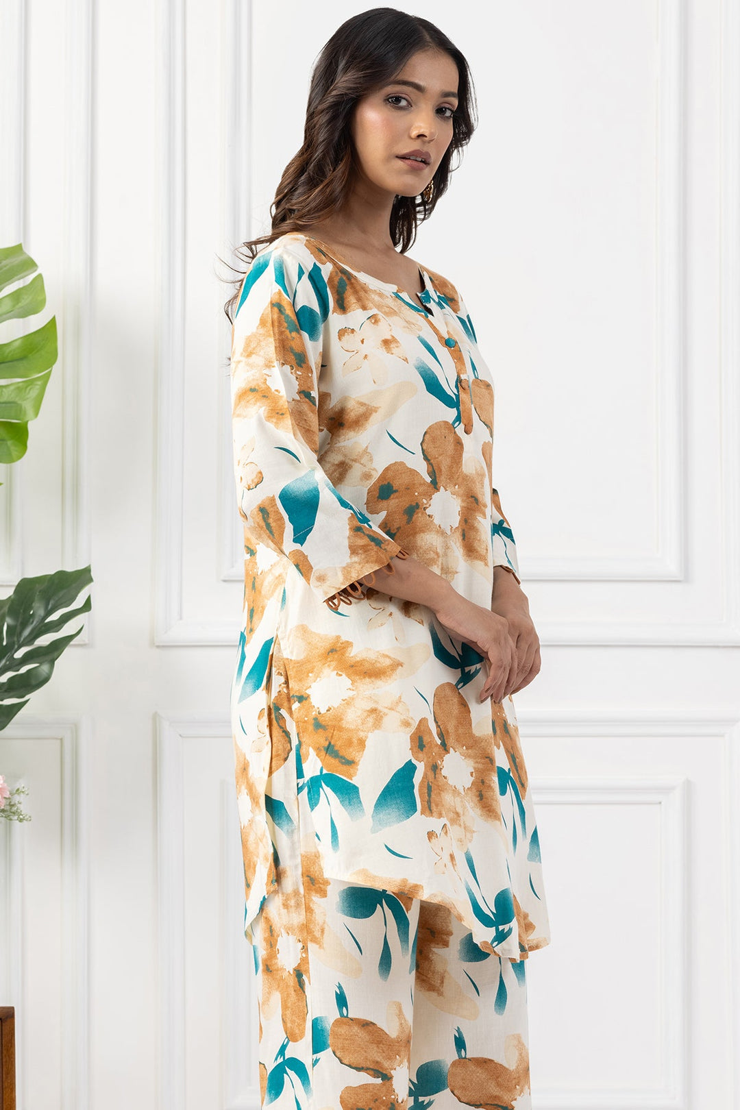 Beige Printed Rayon Slub Kurta Set