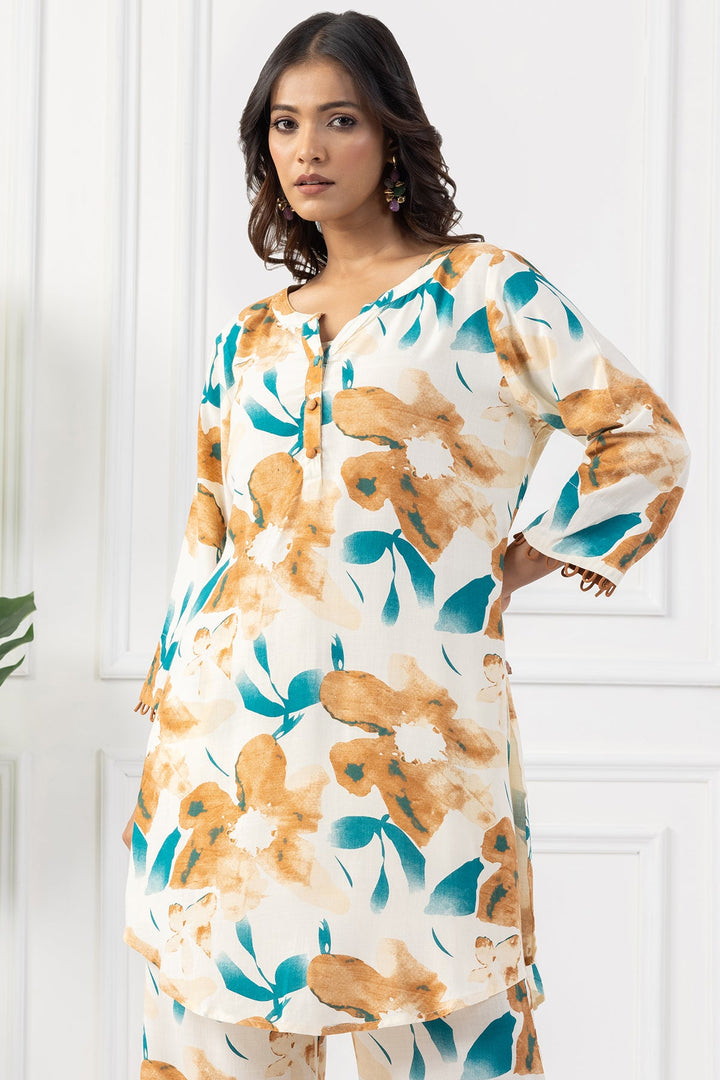 Beige Printed Rayon Slub Kurta Set