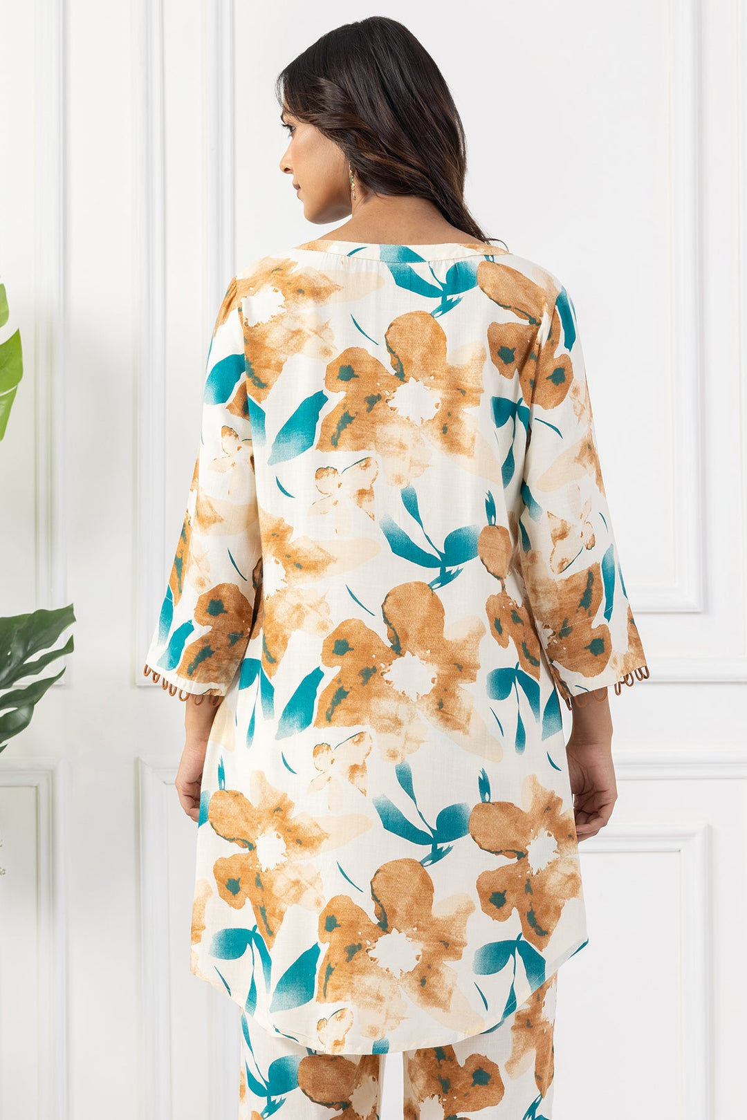 Beige Printed Rayon Slub Kurta Set