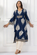 Navy Printed Viscose Kurta with V Neck