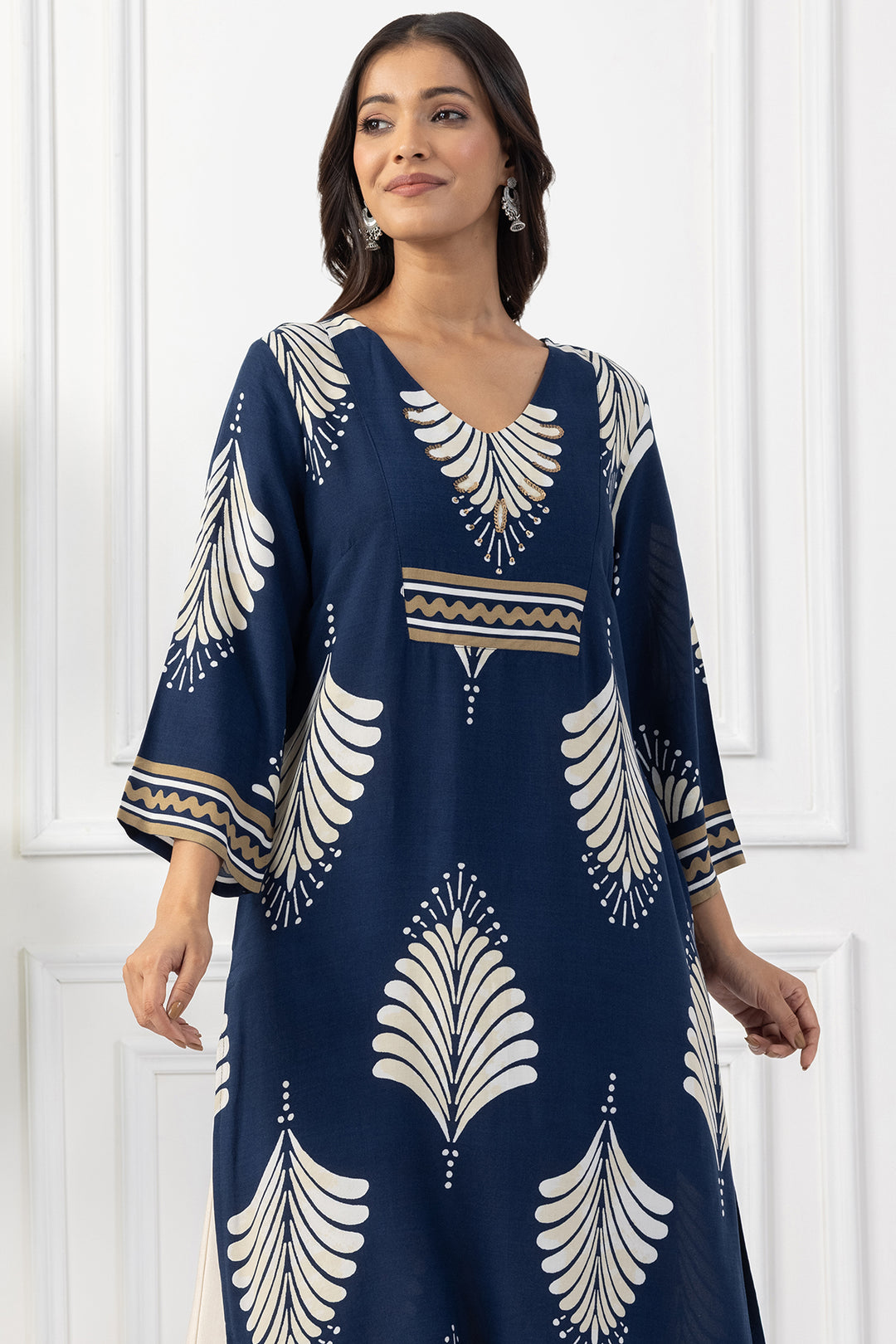 Navy Printed Viscose Kurta with V Neck