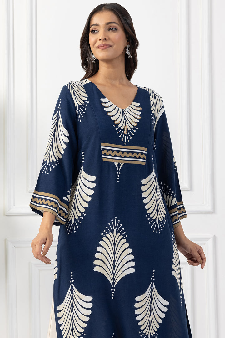 Navy Printed Viscose Kurta with V Neck