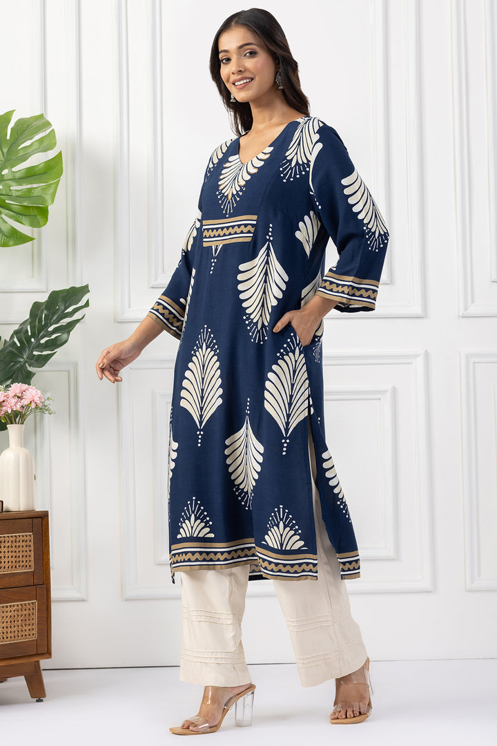 Navy Printed Viscose Kurta with V Neck