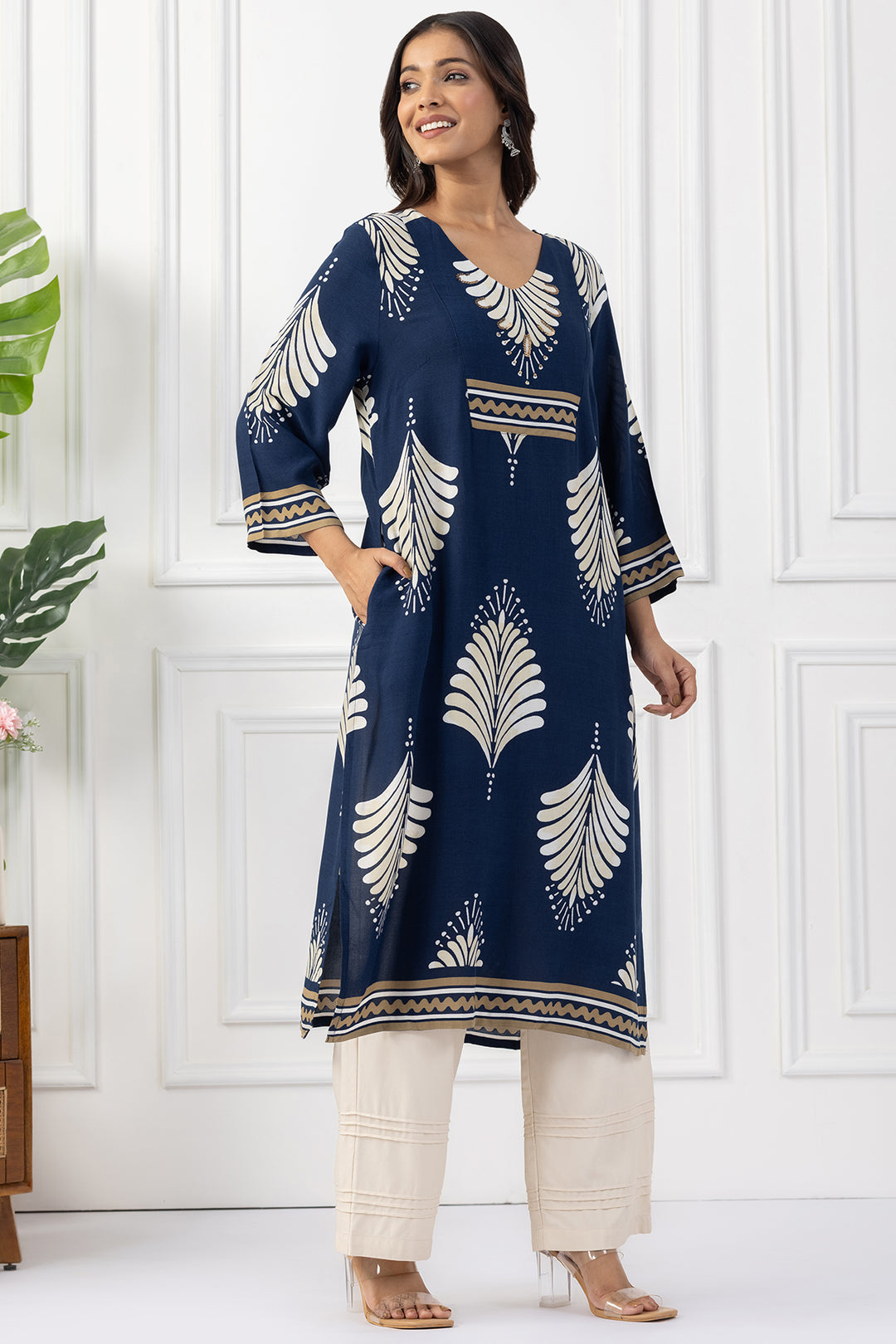Navy Printed Viscose Kurta with V Neck