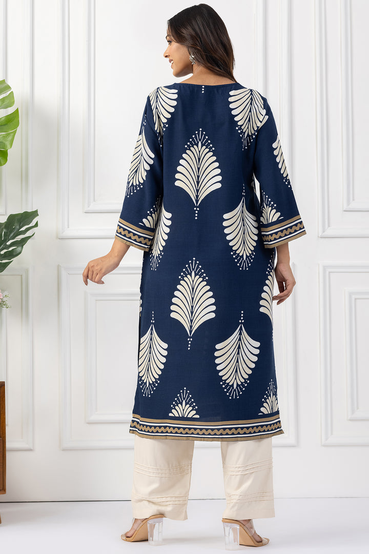 Navy Printed Viscose Kurta with V Neck