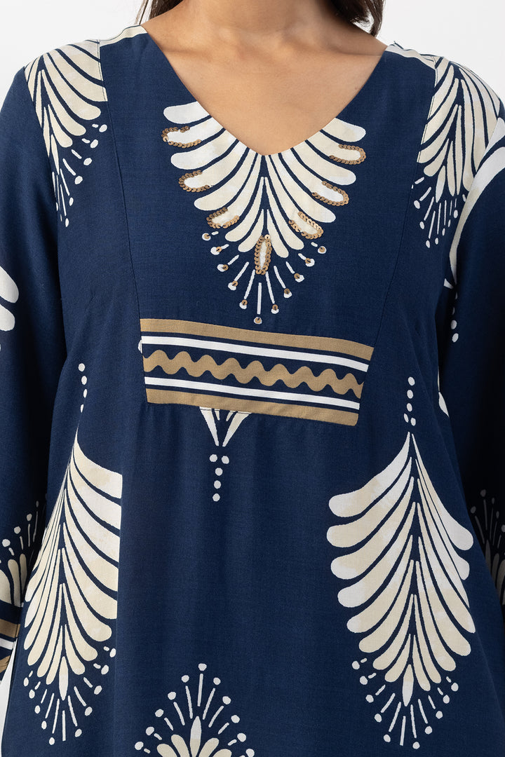 Navy Printed Viscose Kurta with V Neck