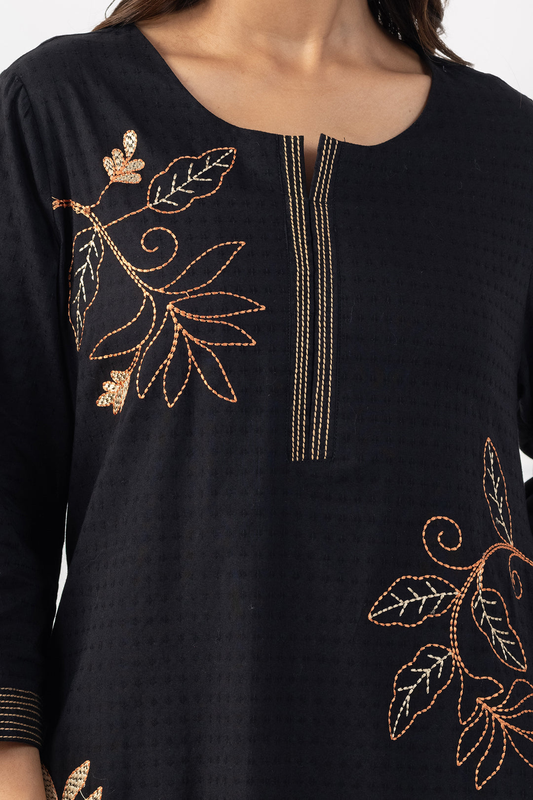 Black Embroidered Cotton Dobby Kurta