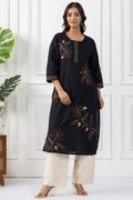 Black Embroidered Cotton Dobby Kurta