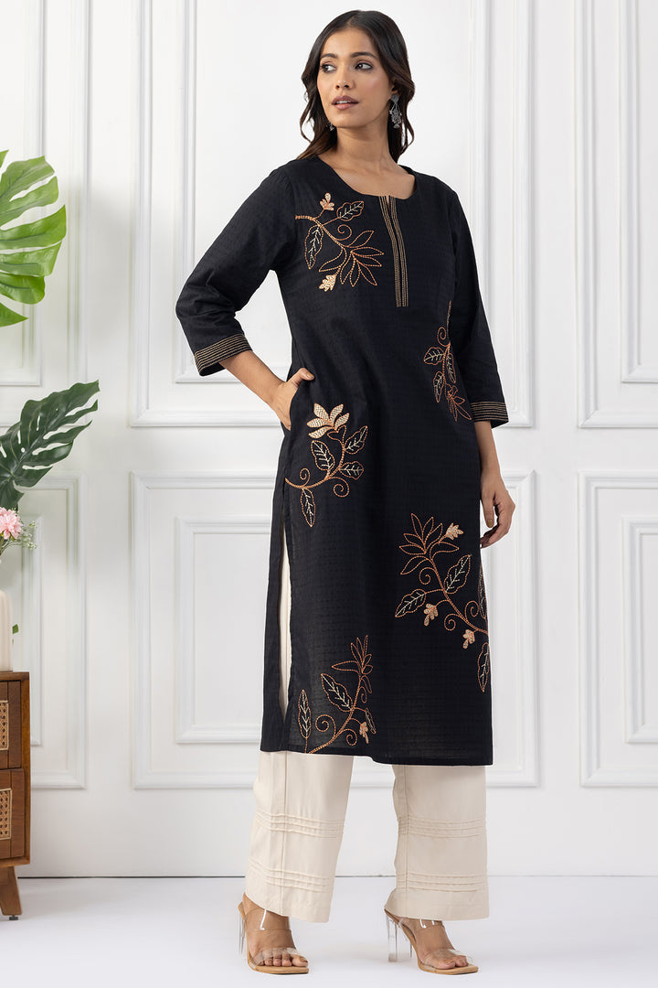 Black Embroidered Cotton Dobby Kurta