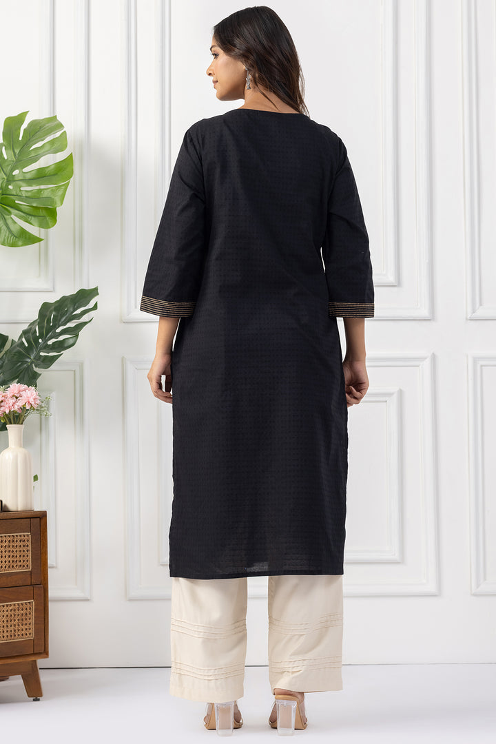 Black Embroidered Cotton Dobby Kurta